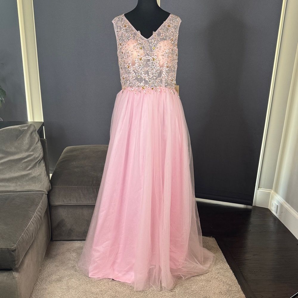 Women’s Pink Full Length Prom Formal Dress Corset Back Zip Skirt Size 14 NWT